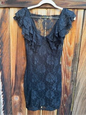 Black Floral Lace Ruffled Sleeve Dress